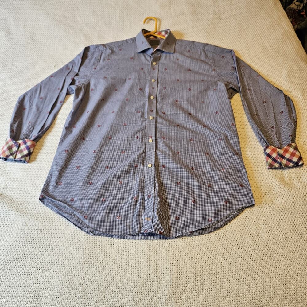 Thomas Dean Men’s Dress Shirt XL Blue White Red Checker Geometric Contrast Cuff